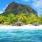 Sandy beach with Le Morne Brabant mountain, Mauritius